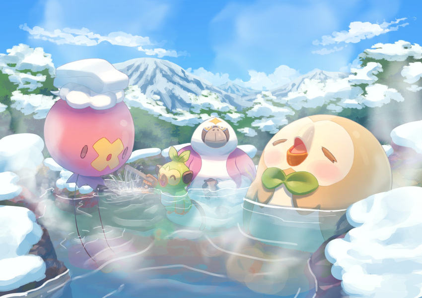 ^_^ bath bird blue_sky blush bow bowtie closed_eyes closed_mouth clouds colored_skin commentary_request drifloon fang green_bow green_bowtie grookey highres holding holding_stick mokukitusui monkey mountain no_humans open_mouth oranguru outdoors owl partially_submerged pokemon pokemon_(creature) purple_skin rowlet sky snow solid_oval_eyes steam stick towel tree