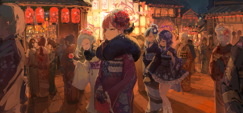 6+girls absurdres aru_(blue_archive) aru_(new_year)_(blue_archive) black_gloves black_hair black_horns black_kimono black_scarf blue_archive candy_apple closed_eyes closed_mouth demon_horns flower food fur-trimmed_kimono fur_trim gloves grey_hair grey_halo hair_flower hair_ornament halo haruka_(blue_archive) haruka_(new_year)_(blue_archive) highres holding holding_food horns japanese_clothes kayoko_(blue_archive) kayoko_(new_year)_(blue_archive) kimono long_hair long_sleeves medium_hair meinoss multicolored_hair multiple_girls mutsuki_(blue_archive) mutsuki_(new_year)_(blue_archive) night obi official_alternate_costume official_alternate_hairstyle open_mouth outdoors pink_flower pink_hair pink_halo purple_flower purple_hair purple_halo purple_kimono red_eyes red_flower red_kimono sash scarf smile violet_eyes white_kimono wide_sleeves yellow_eyes