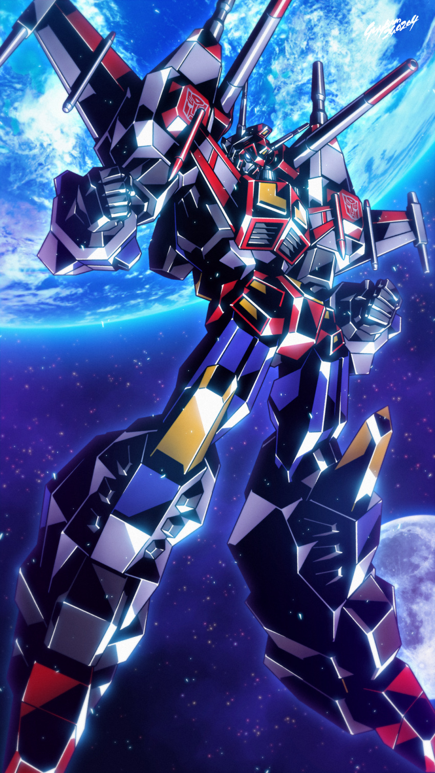autobot babamba clenched_hands commentary_request earth_(planet) full_body glowing glowing_eye highres in_orbit insignia mecha moon no_humans planet robot science_fiction shoulder_cannon solo space star_(sky) star_saber_(transformers) transformers transformers_victory victory_saber white_eyes