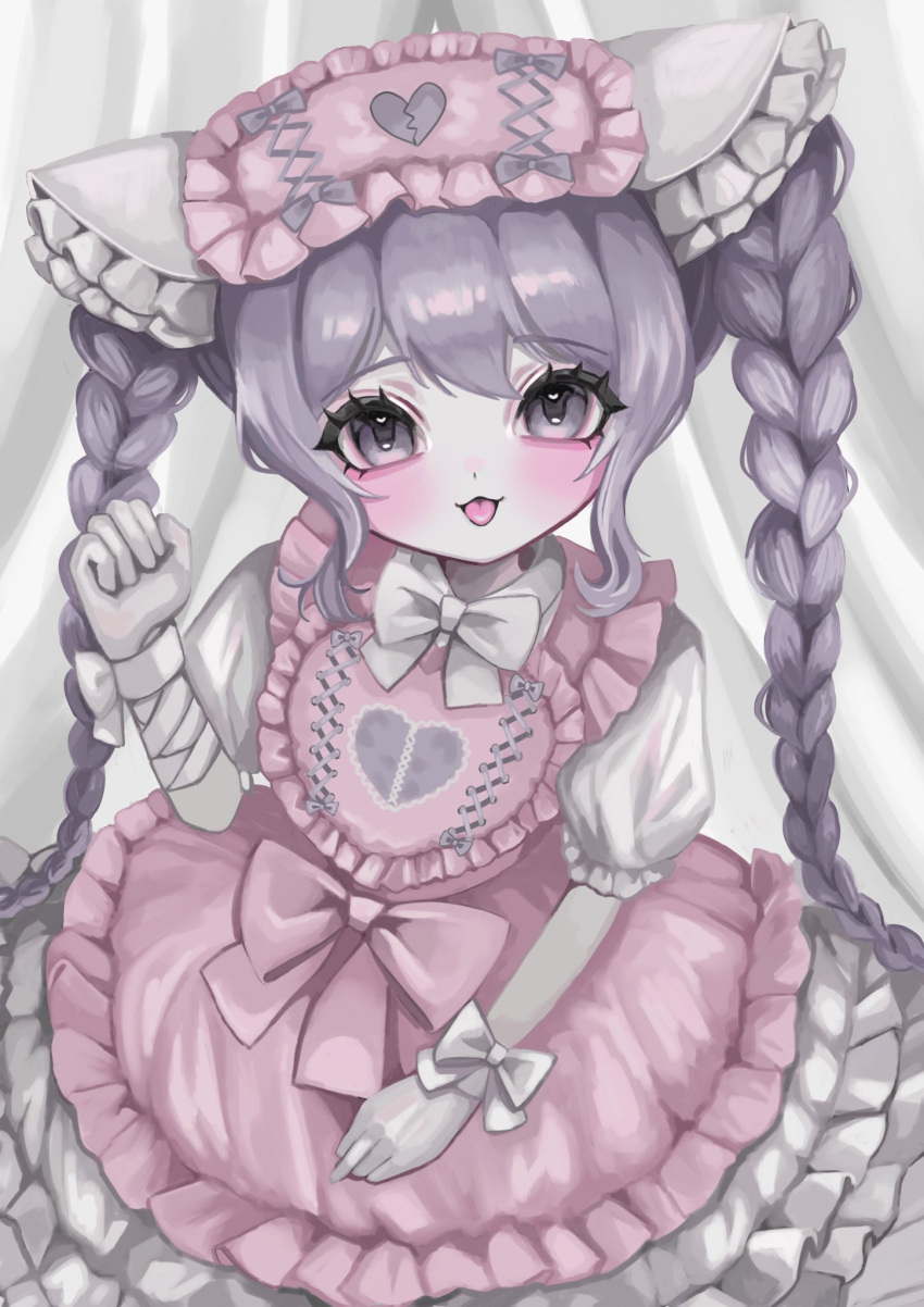 1girl :3 bandaged_arm bandages bow bowtie braid cowboy_shot dress frilled_dress frills hand_up heart highres long_hair looking_at_viewer original pale_skin pink_dress pink_headwear puffy_short_sleeves puffy_sleeves purple_hair shiona_(siona0625) short_sleeves solo tongue tongue_out twin_braids violet_eyes white_bow white_bowtie wrist_cuffs