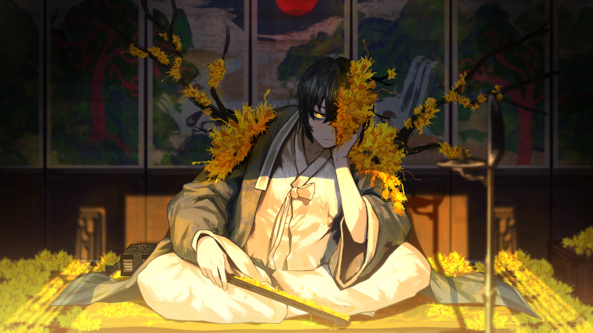 1boy bags_under_eyes black_hair closed_mouth coat e.g.o_(project_moon) flower folding_fan game_cg grey_coat hand_fan highres holding holding_fan indoors limbus_company long_sleeves looking_at_viewer male_focus nai_ga official_art pants project_moon short_hair sitting solo white_hanbok white_pants wide_sleeves yellow_eyes yellow_flower yi_sang_(project_moon)