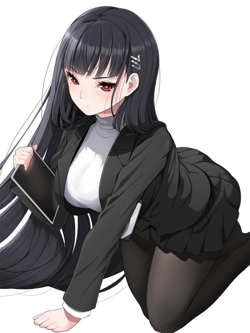 1girl black_hair black_pantyhose black_skirt blue_archive breasts buttons hair_ornament hairpin highres holding holding_tablet_pc koflif large_breasts long_hair long_sleeves no_halo open_mouth pantyhose pleated_skirt red_eyes rio_(blue_archive) simple_background skirt solo sweater tablet_pc turtleneck turtleneck_sweater white_background white_sweater