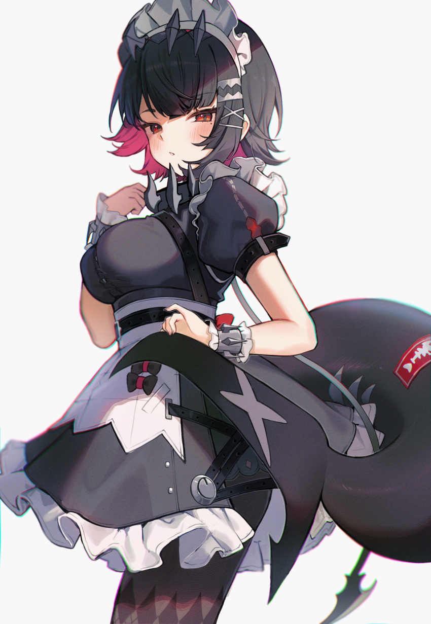 1girl apron black_dress black_hair blush breasts colored_inner_hair cowboy_shot dress ellen_joe fins fish_tail from_side hair_ornament highres looking_at_viewer looking_to_the_side maid maid_apron maid_headdress medium_breasts mole mole_under_eye multicolored_hair pantyhose parted_lips puffy_short_sleeves puffy_sleeves red_eyes redhead shark_tail short_sleeves simple_background solo standing tail white_background wrist_cuffs x_hair_ornament yenkoes zenless_zone_zero