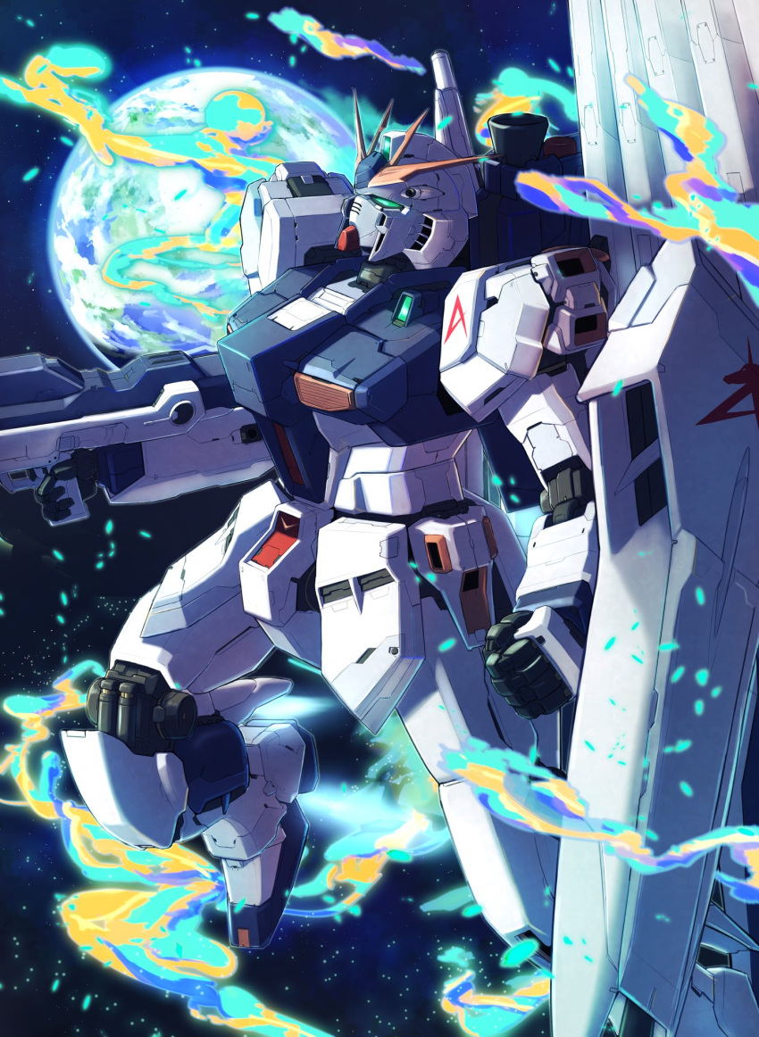 arm_shield beam_rifle char's_counterattack clenched_hand commentary_request earth_(planet) energy_gun fin_funnels flying foot_out_of_frame green_eyes gun gundam highres holding holding_gun holding_weapon insignia looking_up mecha mobile_suit no_humans nori_(arara105) nu_gundam planet profile robot science_fiction solo space star_(sky) v-fin weapon
