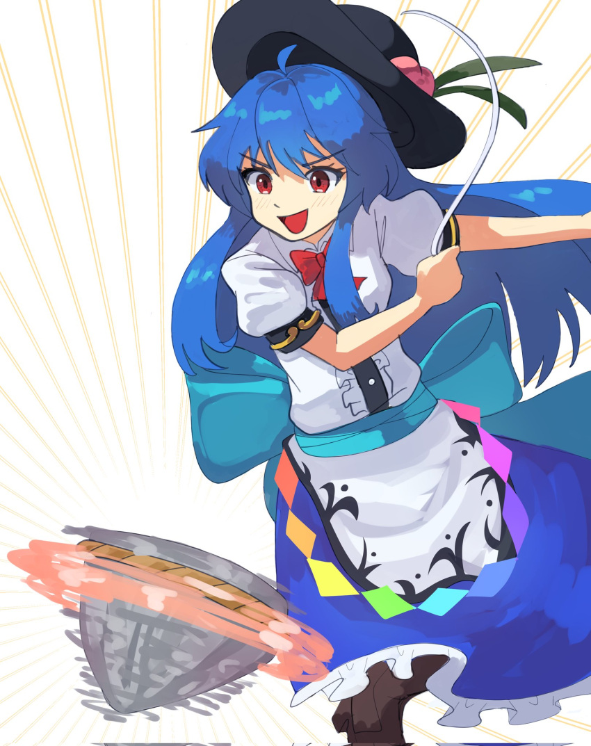 1girl :d ahoge apron back_bow beyblade black_headwear blue_bow blue_hair bow bowtie brown_footwear center_frills collared_shirt commentary_request frilled_skirt frills fruit_hat_ornament hat highres hinanawi_tenshi keystone leaf long_hair peach_hat_ornament plus2sf puffy_short_sleeves puffy_sleeves rainbow_gradient rainbow_order red_bow red_bowtie red_eyes shirt short_sleeves simple_background skirt smile solo touhou v-shaped_eyebrows very_long_hair waist_bow white_apron white_background