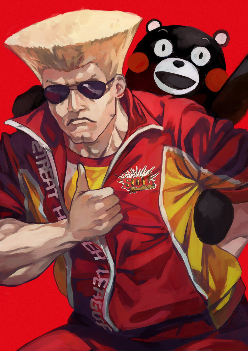 1boy bear blonde_hair closed_mouth guile highres jacket kumamon looking_at_viewer male_focus multicolored_clothes multicolored_jacket muscular muscular_male otsudou pants red_background red_jacket red_pants short_hair simple_background sportswear street_fighter street_fighter_6 sunglasses thumbs_up two-tone_jacket yellow_jacket