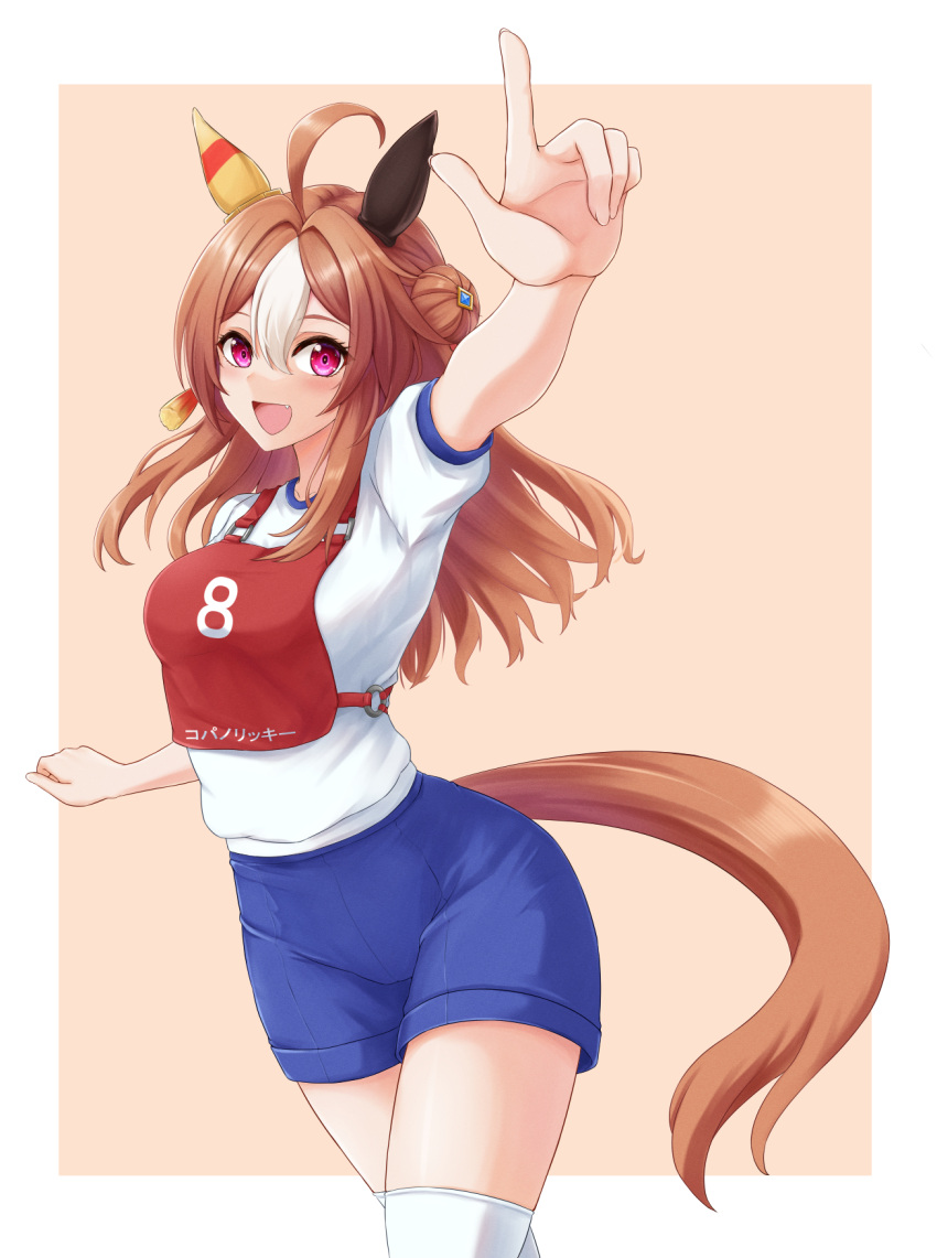 1girl ahoge animal_ears blue_shorts brown_background brown_hair character_name commentary copano_rickey_(umamusume) cowboy_shot ear_covers gym_shirt gym_shorts gym_uniform hair_bun highres horse_ears horse_girl horse_tail index_finger_raised kemuri_(etep3372) long_hair looking_at_viewer multicolored_hair open_mouth race_bib shirt short_sleeves shorts smile solo standing t-shirt tail thigh-highs translated two-tone_hair umamusume violet_eyes white_hair white_shirt white_thighhighs