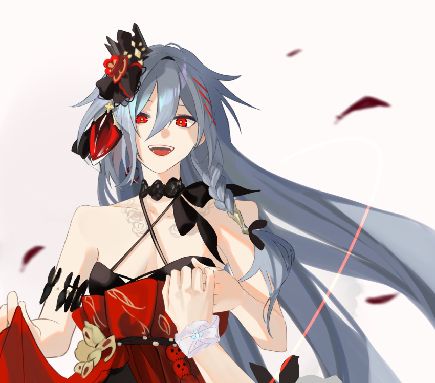 1girl black_choker choker dress feathers fu_hua fu_hua_(herrscher_of_sentience) fu_hua_(turn_up_the_music!)_(herrscher_of_sentience) grey_hair hair_between_eyes hair_ornament hand_on_another's_hand highres honkai_(series) honkai_impact_3rd long_hair looking_at_another multicolored_hair official_alternate_costume red_dress red_eyes red_feathers sho_2nini simple_background sleeveless sleeveless_dress solo streaked_hair upper_body white_background white_hair yellow_pupils