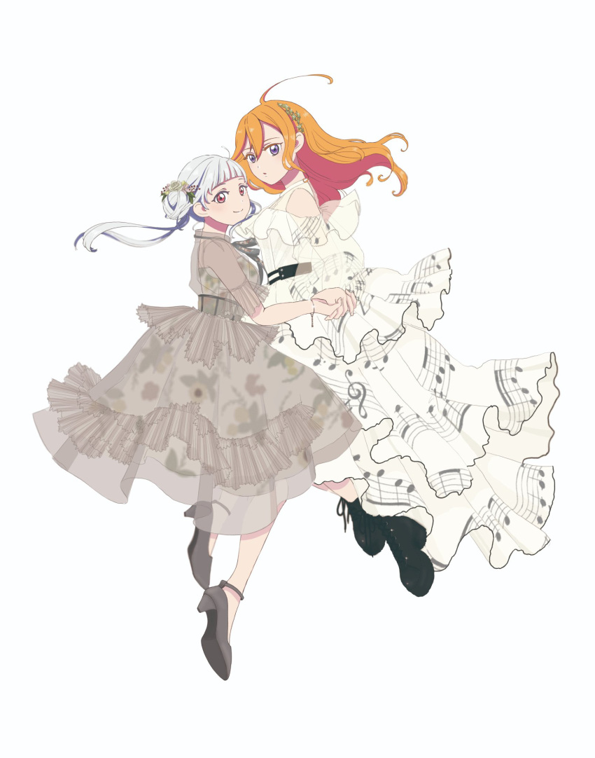 2girls ahoge arashi_chisato beamed_eighth_notes beamed_sixteenth_notes black_footwear boots bracelet breasts brown_eyes flats floating floating_hair floral_print flower grey_footwear hair_bun hair_flower hair_ornament highres holding_hands jewelry km long_hair looking_at_viewer love_live! love_live!_superstar!! multiple_girls musical_note musical_note_print orange_hair parted_lips rose sharp_sign sheet_music shibuya_kanon sidelocks simple_background small_breasts smile sunflower_print treble_clef violet_eyes white_background white_hair