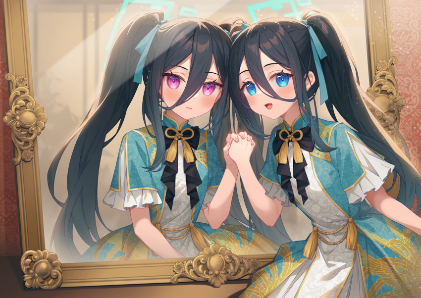 &lt;key&gt;_(blue_archive) 2girls aris_(blue_archive) black_hair blue_archive blue_eyes blue_halo blue_ribbon blush closed_mouth different_reflection double-parted_bangs dress dual_persona frilled_sleeves frills hair_between_eyes hair_ribbon halo hand_up holding_hands interlocked_fingers kutori_pan'ya long_hair looking_at_viewer mirror multiple_girls open_mouth pink_eyes reflection ribbon short_sleeves sidelocks smile through_mirror twintails very_long_hair