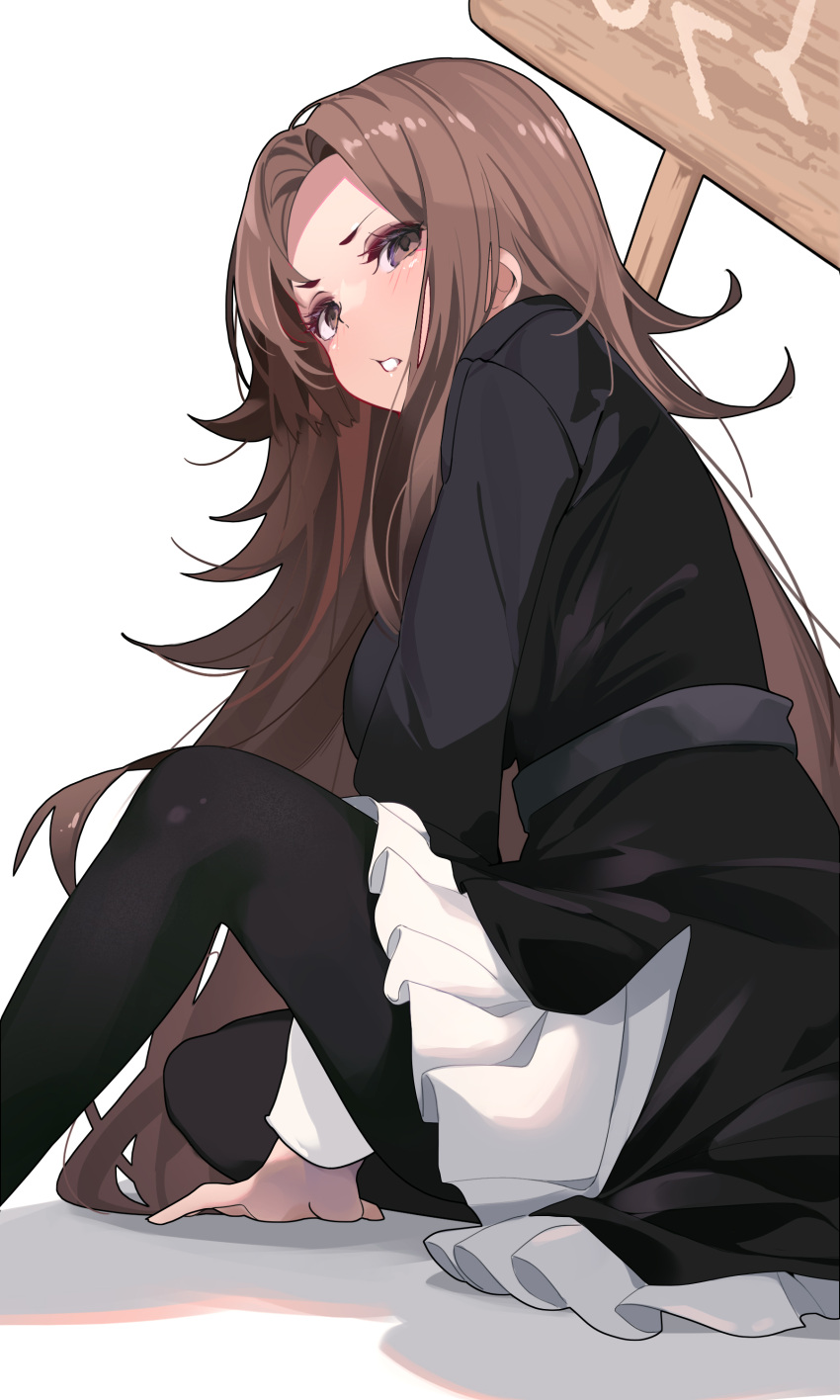 1girl absurdres black_dress black_thighhighs blush breasts brown_eyes brown_hair dress feet_out_of_frame from_side hand_on_floor highres holding holding_sign kage_no_jitsuryokusha_ni_naritakute! knee_up large_breasts long_hair looking_at_viewer looking_to_the_side nu_(kage_no_jitsuryokusha_ni_naritakute!) open_mouth sign simple_background sitting solo teeth thigh-highs uniform very_long_hair white_background zelef0302