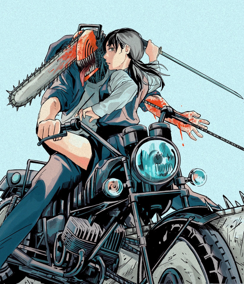 1boy 1girl arm_up black_hair blood blue_background blue_dress blue_eyes blue_jacket blue_pants chainsaw chainsaw_man commentary_request denji_(chainsaw_man) dress fourth_east_high_school_uniform highres holding holding_sword holding_weapon jacket katana leg_lock long_hair long_sleeves long_tongue looking_at_viewer looking_to_the_side low_twintails mitaka_asa monster_boy motor_vehicle motorcycle nose on_motorcycle pants parted_lips pinafore_dress pleated_dress reverse_grip riding school_uniform sharp_teeth shirt simple_background sitting sleeveless sleeveless_dress sleeves_rolled_up sukesukeburger sword teeth tongue tongue_out twintails weapon white_shirt