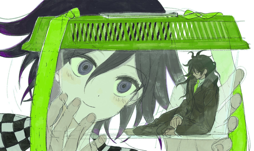 2boys barefoot black_hair blush brown_jacket brown_pants cage checkered_clothes checkered_scarf closed_eyes closed_mouth collared_shirt danganronpa_(series) danganronpa_v3:_killing_harmony giant giant_male glasses gokuhara_gonta green_hair green_necktie highres holding holding_cage insect_cage jacket long_hair long_sleeves looking_at_another multicolored_hair multiple_boys necktie oma_kokichi pants round_eyewear scarf shirt short_hair simple_background sitting smile violet_eyes vo1ez white_background