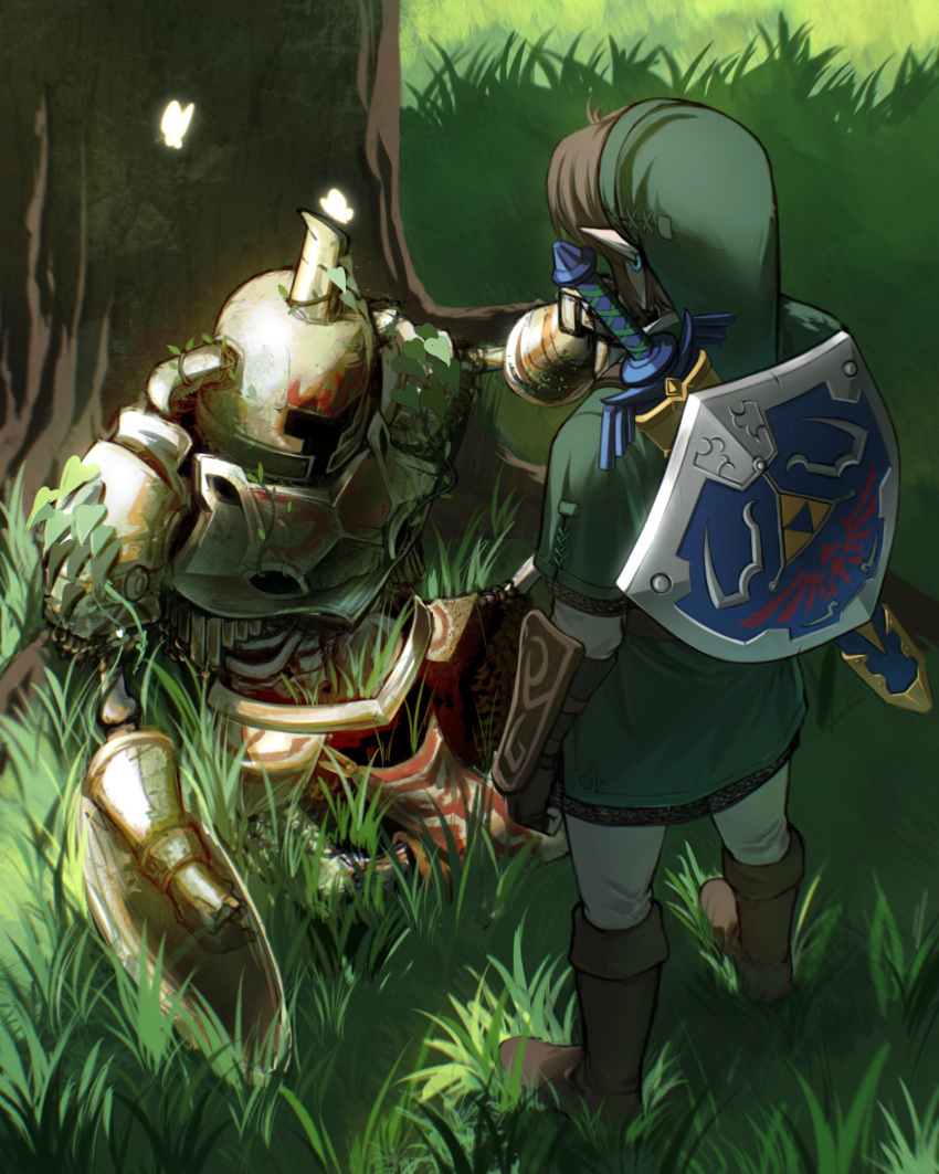 armor back bone boots bracer brown_footwear brown_hair bug butterfly chainmail earrings fingerless_gloves gauntlets gloves grass green_headwear green_tunic helmet hero's_shade highres hylian_shield jewelry link male_focus master_sword moss outdoors pants plant sheath sheathed shield shield_on_back shirt sitting skeleton the_legend_of_zelda the_legend_of_zelda:_twilight_princess tree tunic vines weapon weapon_on_back white_pants white_shirt xuanmai_alter