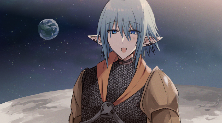 1boy :d armor blue_eyes blue_hair blush chainmail ear_piercing earth_(planet) final_fantasy final_fantasy_xiv hair_between_eyes haurchefant_greystone highres kinona looking_at_viewer male_focus moon pauldrons piercing planet pointy_ears shoulder_armor smile solo space star_(sky) upper_body