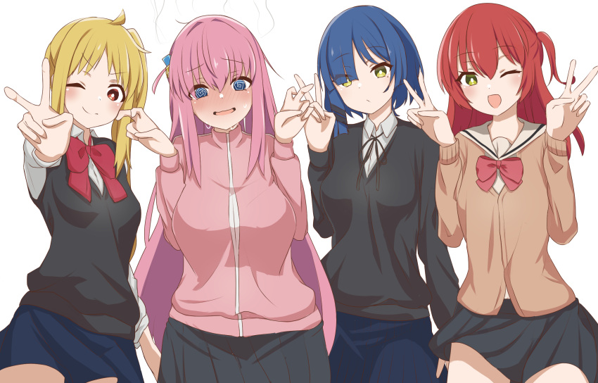 4girls ;) ;d @_@ ahoge arm_at_side black_ribbon black_sweater blonde_hair blue_eyes blue_hair blunt_ends blush bocchi_the_rock! bow bright_pupils brown_cardigan cardigan closed_mouth collared_shirt commentary_request cowboy_shot cube_hair_ornament double_v embarrassed expressionless full-face_blush gotoh_hitori green_eyes grey_sailor_collar hair_ornament hairclip hands_up happy hatenamaru highres ijichi_nijika jacket kita_ikuyo long_hair long_sleeves looking_at_viewer multiple_girls neck_ribbon one_eye_closed one_side_up open_mouth outstretched_arm pink_jacket red_bow red_eyes redhead ribbon sailor_collar school_uniform shirt short_hair side-by-side side_ponytail sidelocks smile split_mouth steam sweat sweater track_jacket v v-shaped_eyebrows very_long_hair white_pupils white_shirt yamada_ryo yellow_eyes