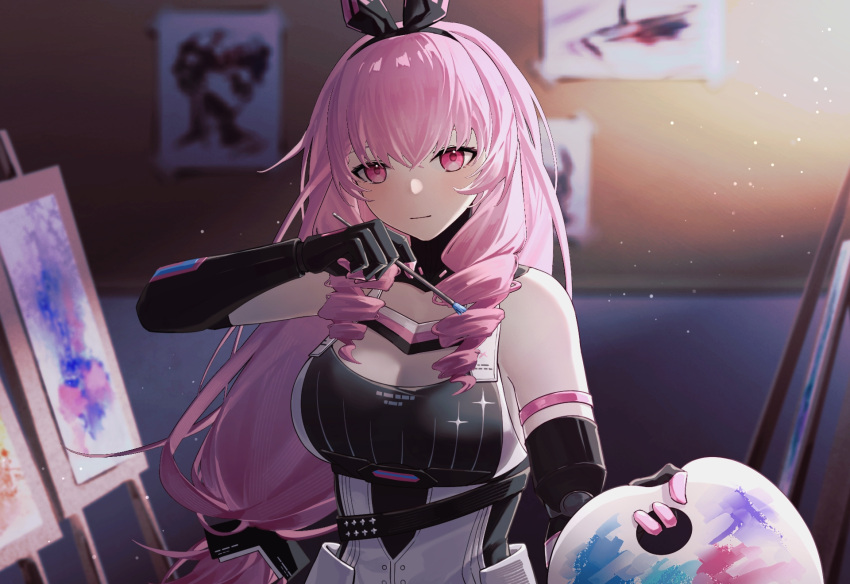 1girl alternate_breast_size ayla:_kaleido_(punishing:_gray_raven) ayla_(punishing:_gray_raven) bare_shoulders black_shirt canvas_(object) drill_hair highres holding holding_paintbrush holding_palette long_hair mechanical_arms paintbrush palette_(object) pink_eyes pink_hair ponytail punishing:_gray_raven shirt side_drill sleeveless sleeveless_shirt solo zhou_huan_(dgpe2833)