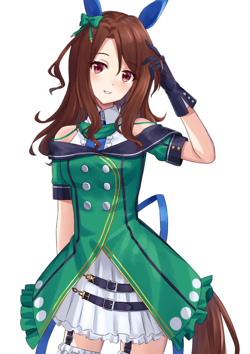 1girl absurdres animal_ears bare_shoulders black_gloves brown_hair buttons career_inada commentary cowboy_shot double-breasted dress ear_covers frilled_thighhighs frills garter_straps gloves green_dress hair_between_eyes hand_in_own_hair highres horse_ears horse_girl horse_tail king_halo_(umamusume) layered_dress long_hair red_eyes simple_background smile solo tail thigh-highs umamusume white_background