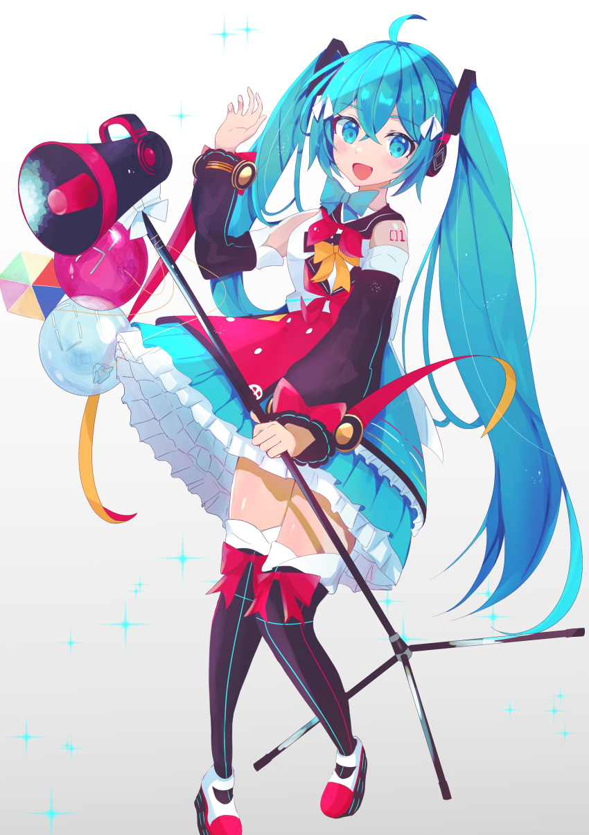 1girl absurdres ahoge balloon blue_eyes blue_hair blush bow detached_sleeves dress dress_bow frilled_dress frills full_body hand_up hatsune_miku headphones highres holding holding_microphone_stand layered_dress long_hair long_sleeves magical_mirai_(vocaloid) magical_mirai_miku magical_mirai_miku_(2018) megaphone microphone_stand open_mouth sailor_collar sleeveless sleeveless_dress smile solo sorami sparkle thigh-highs twintails very_long_hair vocaloid