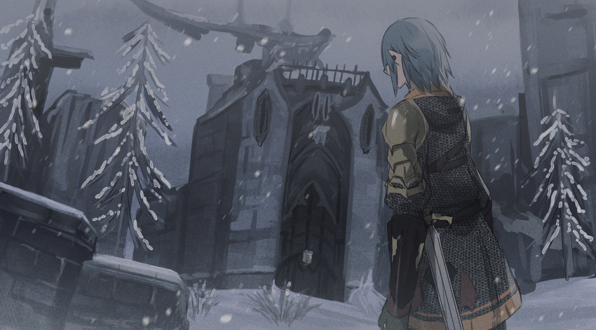 1boy armor blue_hair building chainmail ear_piercing facing_away final_fantasy final_fantasy_xiv from_behind gloves green_gloves haurchefant_greystone highres kinona male_focus outdoors overcast pauldrons piercing pointy_ears shoulder_armor sky snow snowing solo sword tree weapon