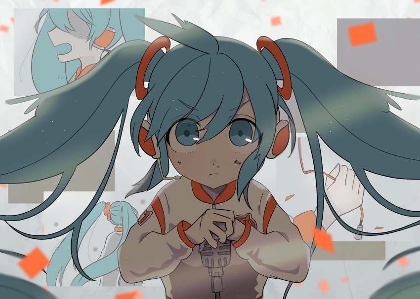 1girl absurdres blue_eyes blue_hair cable confetti dirty dirty_face hatsune_miku headphones headset highres long_hair long_sleeves looking_up microphone microphone_stand multiple_views nail_polish open_mouth sorami twintails very_long_hair vocaloid