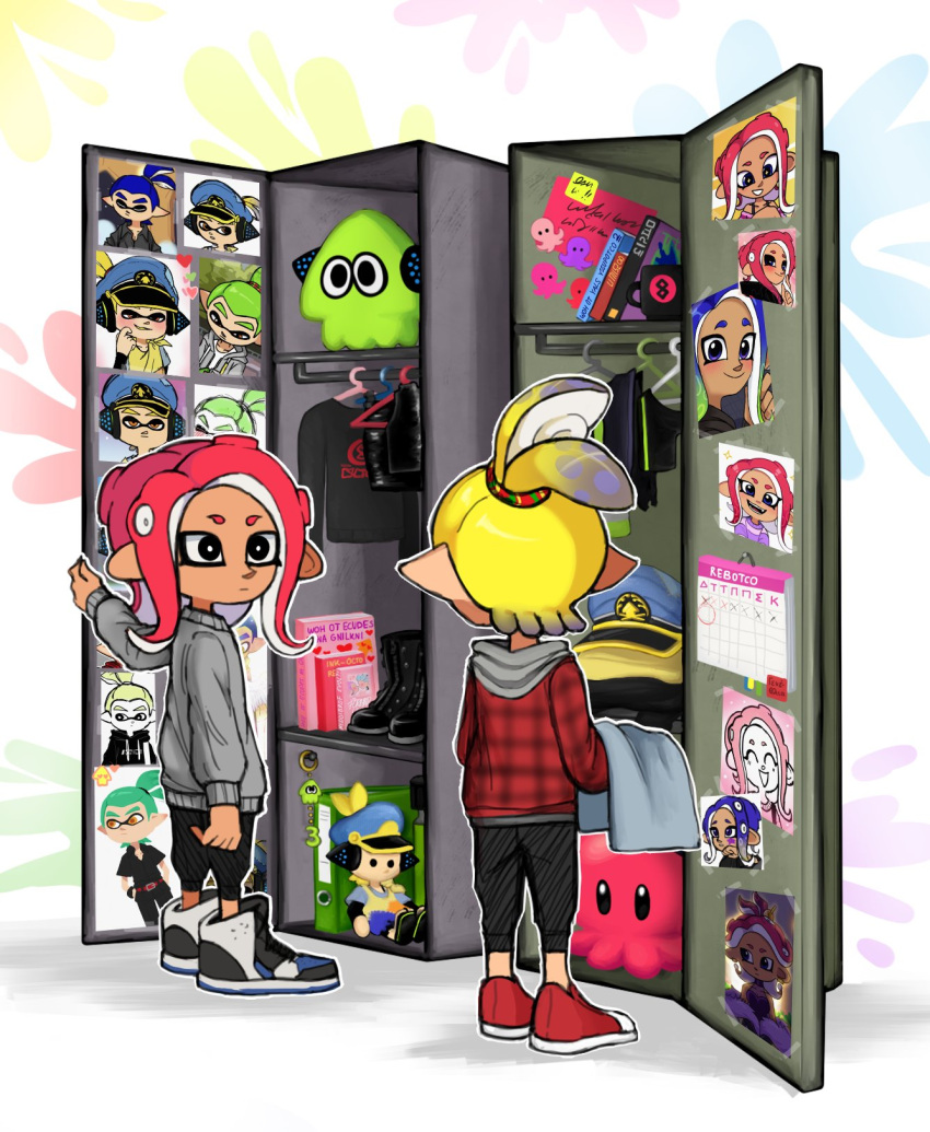 1boy 1girl :d agent_3_(splatoon) agent_8_(splatoon) black_eyes black_footwear black_hoodie black_pants black_shirt blonde_hair blue_headwear blush book calendar_(object) closed_eyes clothes_hanger commentary cup dress english_commentary from_behind grey_sweater heart high-visibility_vest high_ponytail highres hood hoodie inkling_boy inkling_player_character locker looking_at_another looking_back looking_down mug octoling_girl octoling_player_character pants photo_(object) red_dress red_footwear redhead shirt shoes shorts smile sneakers splatoon_(series) stuffed_toy suction_cups sweater tentacle_hair unamused yurami18