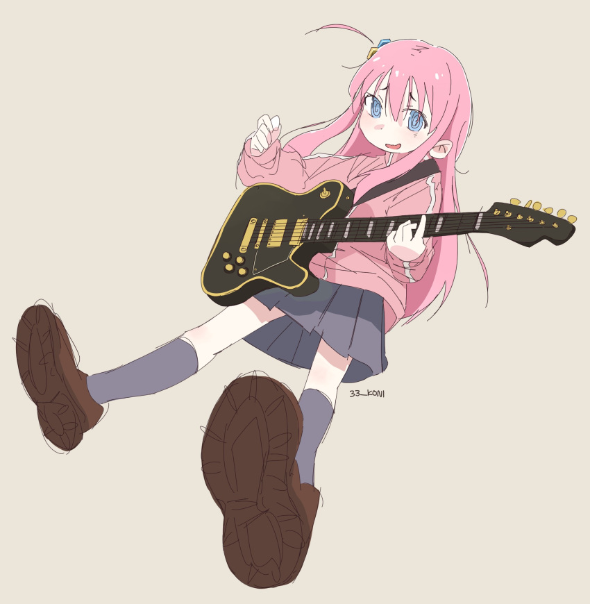 1girl 33_koni :d @_@ bocchi_the_rock! brown_background brown_footwear cube_hair_ornament electric_guitar english_commentary from_below gotoh_hitori guitar guitar_hero_ni_naritai_ime-chan_(vocaloid) hair_ornament highres instrument jacket kneehighs long_hair looking_at_viewer music pink_hair pink_jacket playing_instrument raised_eyebrows shoe_soles side_ahoge sidelocks signature simple_background sketch skirt smile socks solo