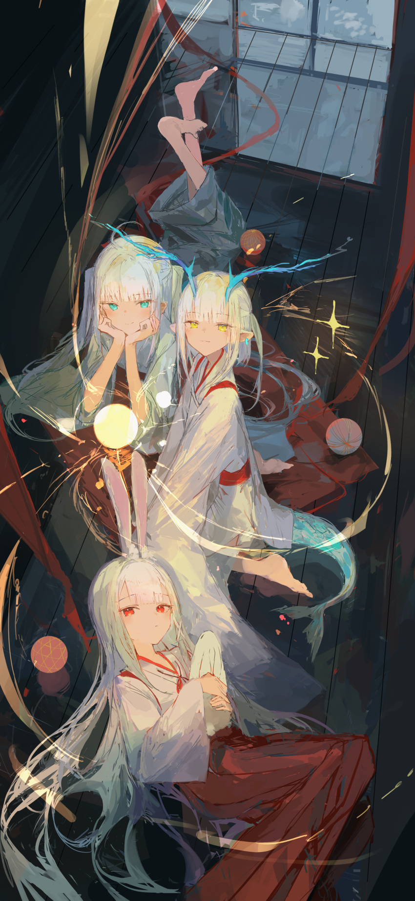 3girls :3 absurdres ahoge animal_ears animal_hug barefoot blue_eyes commentary_request dragon_girl dragon_horns dragon_tail earrings expressionless grey_hair hakama hakama_skirt hands_on_own_face highres horns ichika_(ichika87) japanese_clothes jewelry kimono legs_up long_hair long_skirt looking_at_viewer lying multiple_girls new_year on_stomach orb original pleated_skirt pointy_ears rabbit rabbit_ears rabbit_girl red_eyes red_skirt reflection side_ponytail sitting skirt smile sparkle tail twintails very_long_hair wariza white_kimono wide_sleeves wooden_floor yellow_eyes