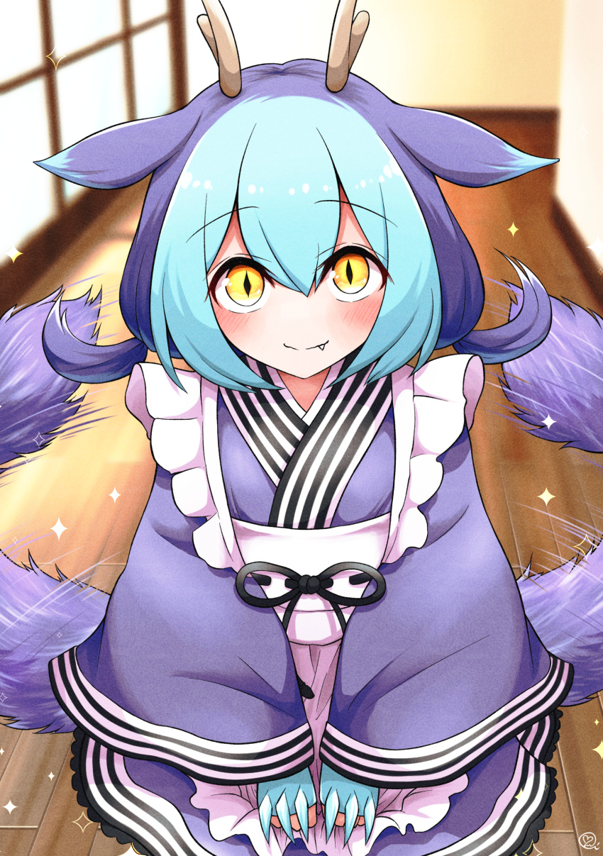 apron artist_name blue_hair blush claws closed_mouth dragon_girl dragon_horns dragon_tail dress duel_monster fang hands_on_lap highres horns kneeling laundry_dragonmaid looking_at_viewer maid maid_apron motion_lines purple_dress purple_hair scavia10 slit_pupils sparkle tail tail_wagging wooden_floor yellow_eyes yu-gi-oh!