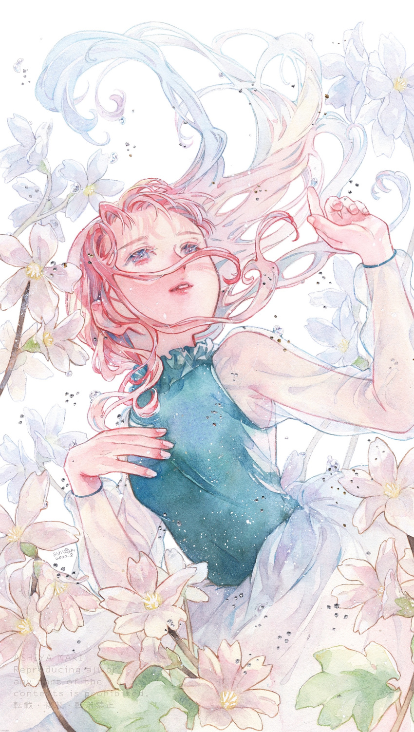 1girl absurdres armpit_crease artist_name bare_shoulders blue_dress blue_eyes bracelet curly_hair dress floating_hair flower hands_up highres jewelry leaf lily_(flower) long_hair looking_up original painting_(medium) parted_lips pink_hair shiratama_anzu sidelocks sleeveless sleeveless_dress solo traditional_media watercolor_(medium) watermark white_flower