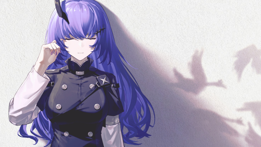 1girl black_jacket blue_hair buttons character_request check_gender closed_eyes closed_mouth cross_hair_ornament fake_horns hair_between_eyes hair_ornament highres horns jacket long_sleeves playing_with_own_hair punishing:_gray_raven purple_hair shadow sidelocks single_horn solo white_sleeves zhou_huan_(dgpe2833)