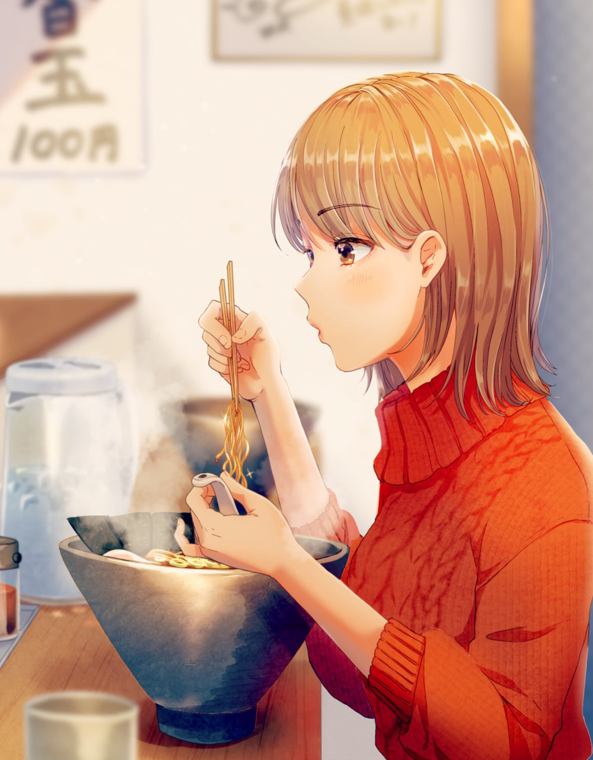 1girl blowing brown_eyes brown_hair chopsticks commentary_request eating eyelashes fingernails food from_side highres holding holding_chopsticks holding_ladle indoors jar ladle long_sleeves looking_at_food medium_hair noodles original parted_lips pink_lips poster_(object) ramen red_sleeves red_sweater shelf sleeves_past_elbows solo sparkle sweater upper_body witoi_(roa)