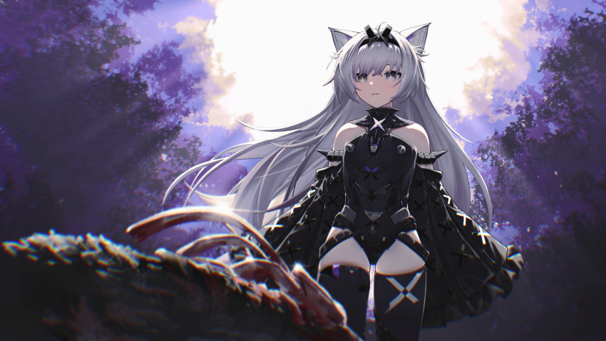 1girl animal_ears black_bodysuit black_hairband black_sleeves black_thighhighs bodysuit corpse cross-shaped_pupils detached_sleeves grey_hair hair_intakes hairband highres long_hair mismatched_pupils no.21:_feral_scent_(punishing:_gray_raven) no.21_(punishing:_gray_raven) punishing:_gray_raven ribs sleeves_past_fingers sleeves_past_wrists solo symbol-shaped_pupils thigh-highs wolf_ears yellow_pupils zhou_huan_(dgpe2833)