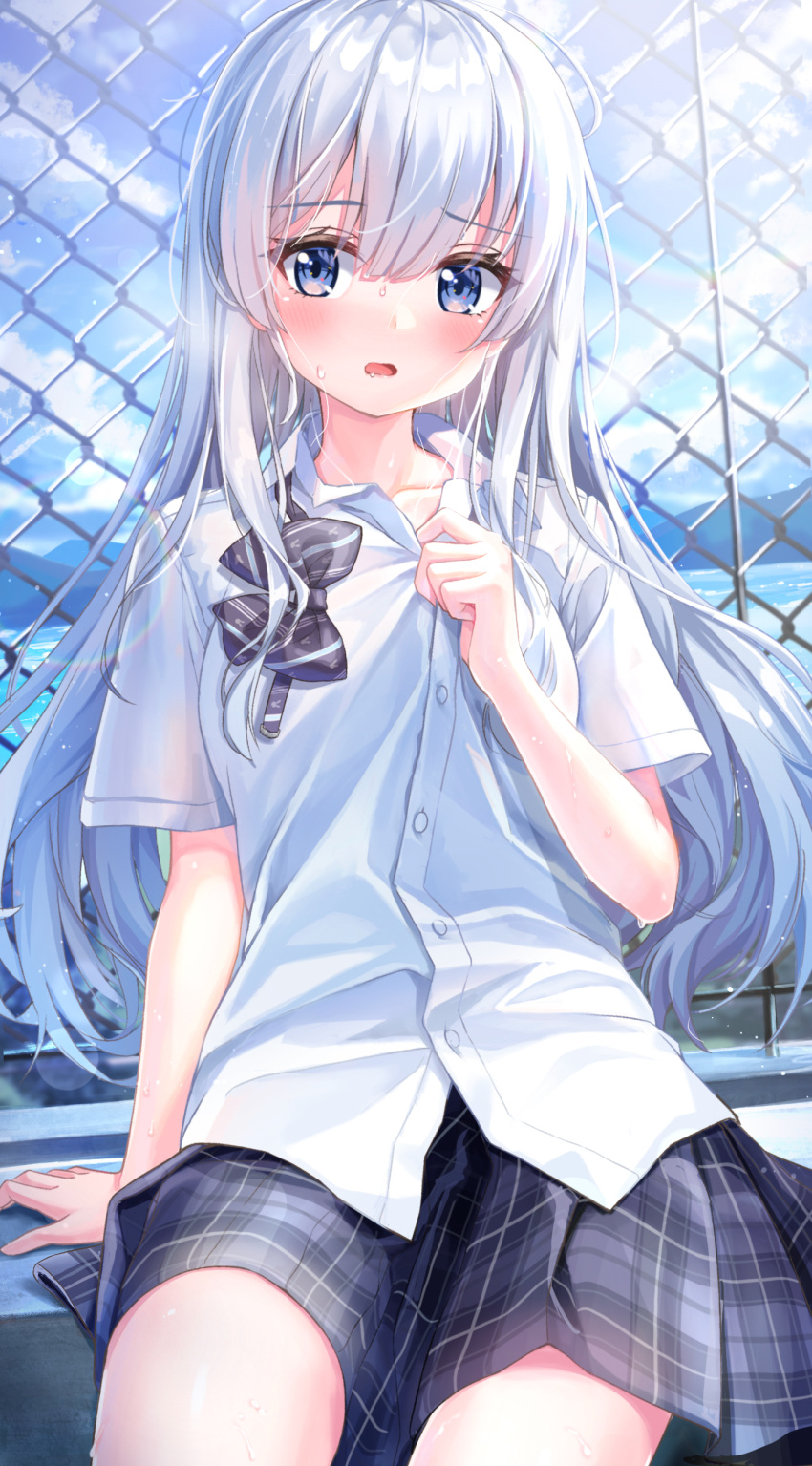 1girl absurdres arm_at_side black_bow black_skirt blue_eyes blue_sky blush bow collarbone collared_shirt commentary_request cowboy_shot day dress_shirt eyelashes fence frown hair_between_eyes hand_up highres hot long_hair looking_at_viewer mashiro_fuuna miniskirt open_mouth original outdoors partial_commentary plaid plaid_skirt school_uniform shiny_skin shirt short_sleeves sidelighting sidelocks skirt sky solo summer sunlight sweat tyutaka0427 very_long_hair white_hair white_shirt