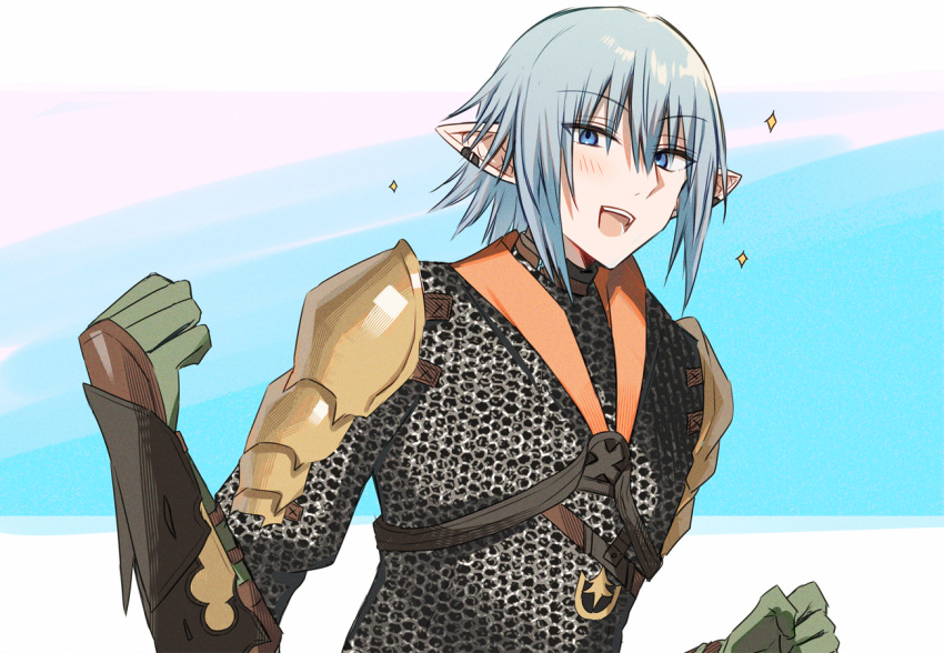 1boy :d armor blue_eyes blue_hair blush chainmail clenched_hands ear_piercing elbow_gloves final_fantasy final_fantasy_xiv gloves green_gloves hair_between_eyes haurchefant_greystone kinona looking_at_viewer male_focus pauldrons piercing pointy_ears shoulder_armor smile solo sparkle upper_body
