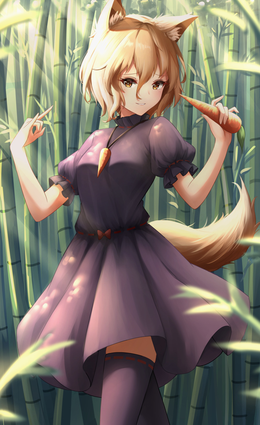 1girl absurdres animal_ear_fluff animal_ears bamboo bamboo_forest black_dress black_thighhighs brown_eyes brown_hair carrot carrot_necklace commentary commission cosplay dress english_commentary forest fox_ears fox_tail hair_between_eyes highres inaba_tewi inaba_tewi_(cosplay) jewelry kudamaki_tsukasa kuneamorai nature necklace outdoors short_hair solo tail thigh-highs touhou