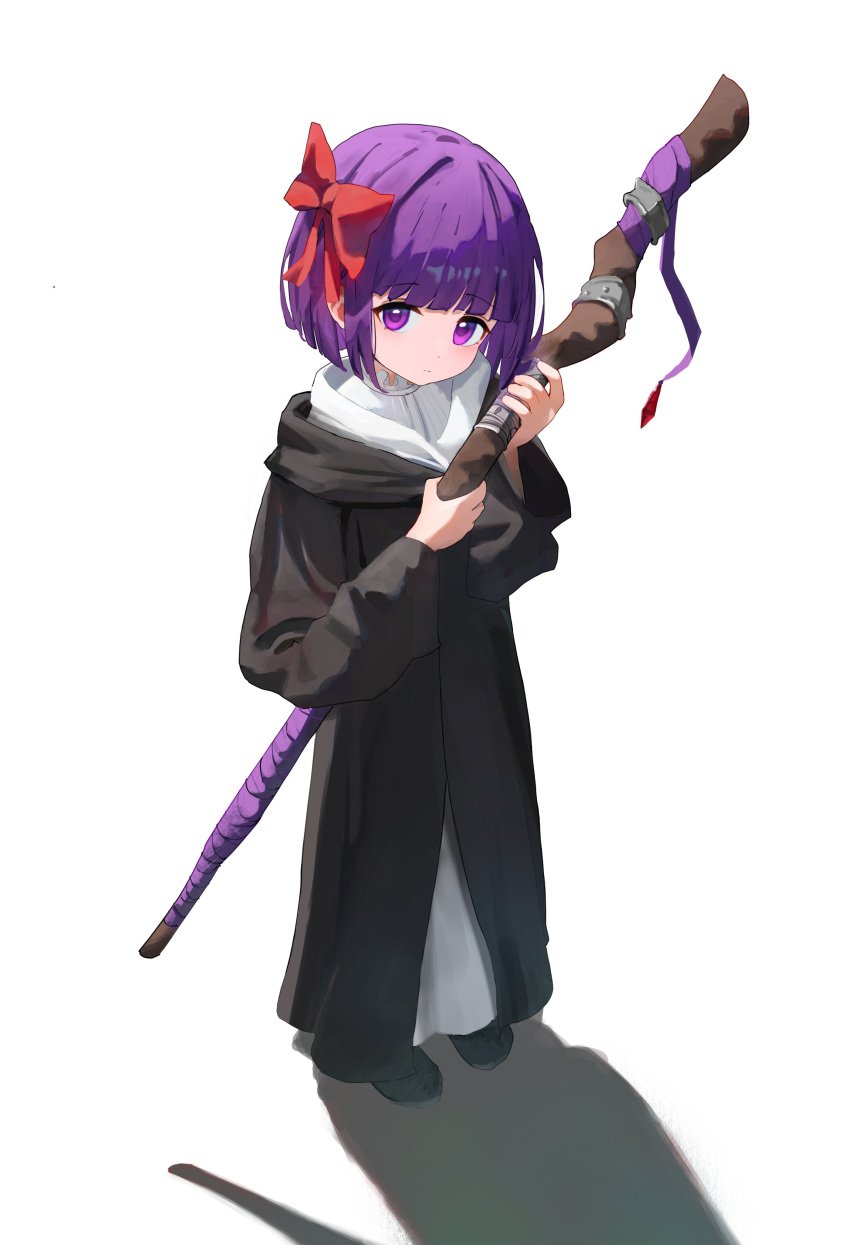 1girl absurdres aged_down backlighting black_robe blunt_bangs bob_cut bow child dot_nose dress english_commentary fern_(sousou_no_frieren) from_above full_body hair_bow head_tilt highres holding holding_staff looking_at_viewer mage_staff negative_space neratul pigeon-toed purple_hair red_bow robe shadow short_hair sideways_glance simple_background solo sousou_no_frieren staff straight_hair three_quarter_view violet_eyes white_background white_dress