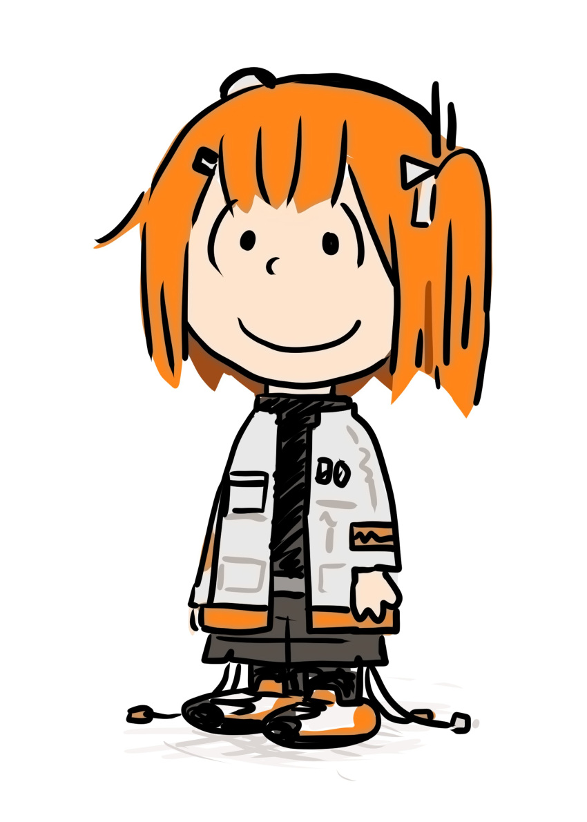 1girl a.i._voice absurdres adachi_rei arms_at_sides black_shirt cable charles_schulz_(style) chibi closed_mouth eletenshi full_body grey_shorts hair_ornament hair_ribbon highres jacket long_sleeves looking_at_viewer medium_hair one_side_up open_clothes open_jacket orange_hair peanuts radio_antenna ribbon shirt shoes shorts simple_background smile solo standing utau white_background white_footwear white_jacket white_ribbon