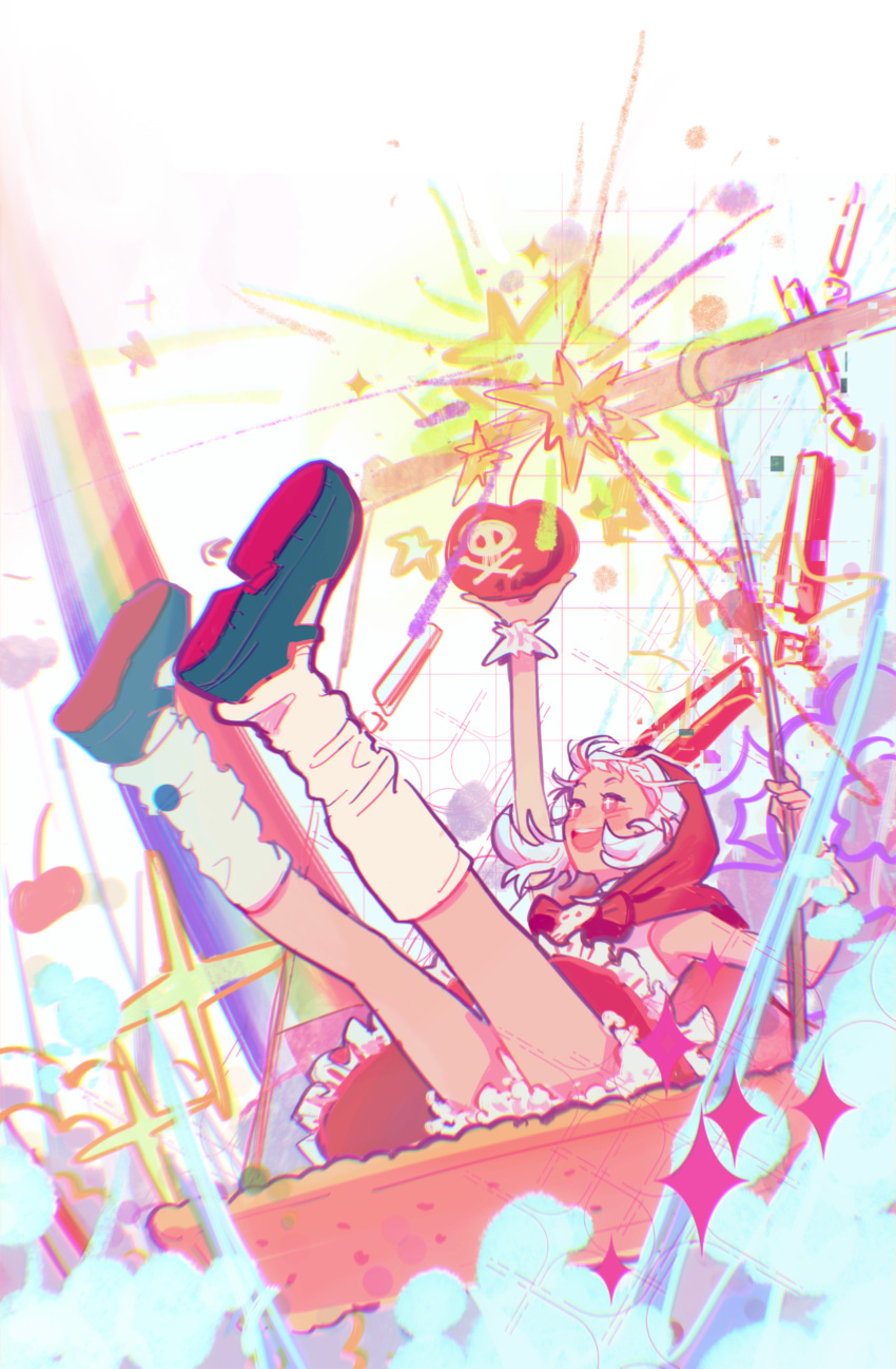 ! 1girl :d absurdres bomb cherry_bomb cherry_cookie cookie_run explosive frimiana full_body highres holding holding_bomb hood humanization kneehighs red_eyes red_hood sitting smile socks solo sparkle swing white_hair