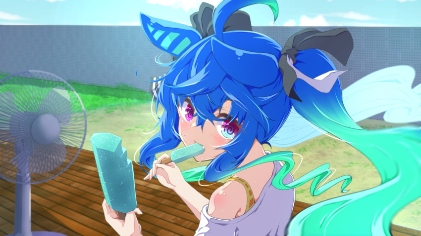 1girl ahoge animal_ears aqua_hair black_ribbon blue_eyes blue_hair blue_sky clouds cloudy_sky commentary_request commission crossed_bangs day eating electric_fan fang food from_behind hair_ribbon heterochromia holding holding_food holding_popsicle horse_ears horse_girl horse_tail kirimmitsu long_hair looking_at_viewer looking_back multicolored_hair off_shoulder outdoors partial_commentary popsicle ribbon shirt shirt_straps sidelocks skeb_commission sky solo sweat tail twin_turbo_(umamusume) twintails two-tone_hair umamusume very_long_hair violet_eyes white_shirt wind wooden_floor