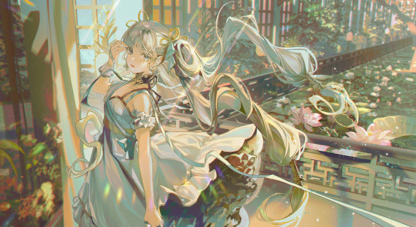 1girl adjusting_hair architecture cangchen character_request dress east_asian_architecture flower hair_ornament highres jewelry lipstick long_hair looking_at_viewer makeup ring solo tagme twintails white_dress white_eyes white_hair wuthering_waves
