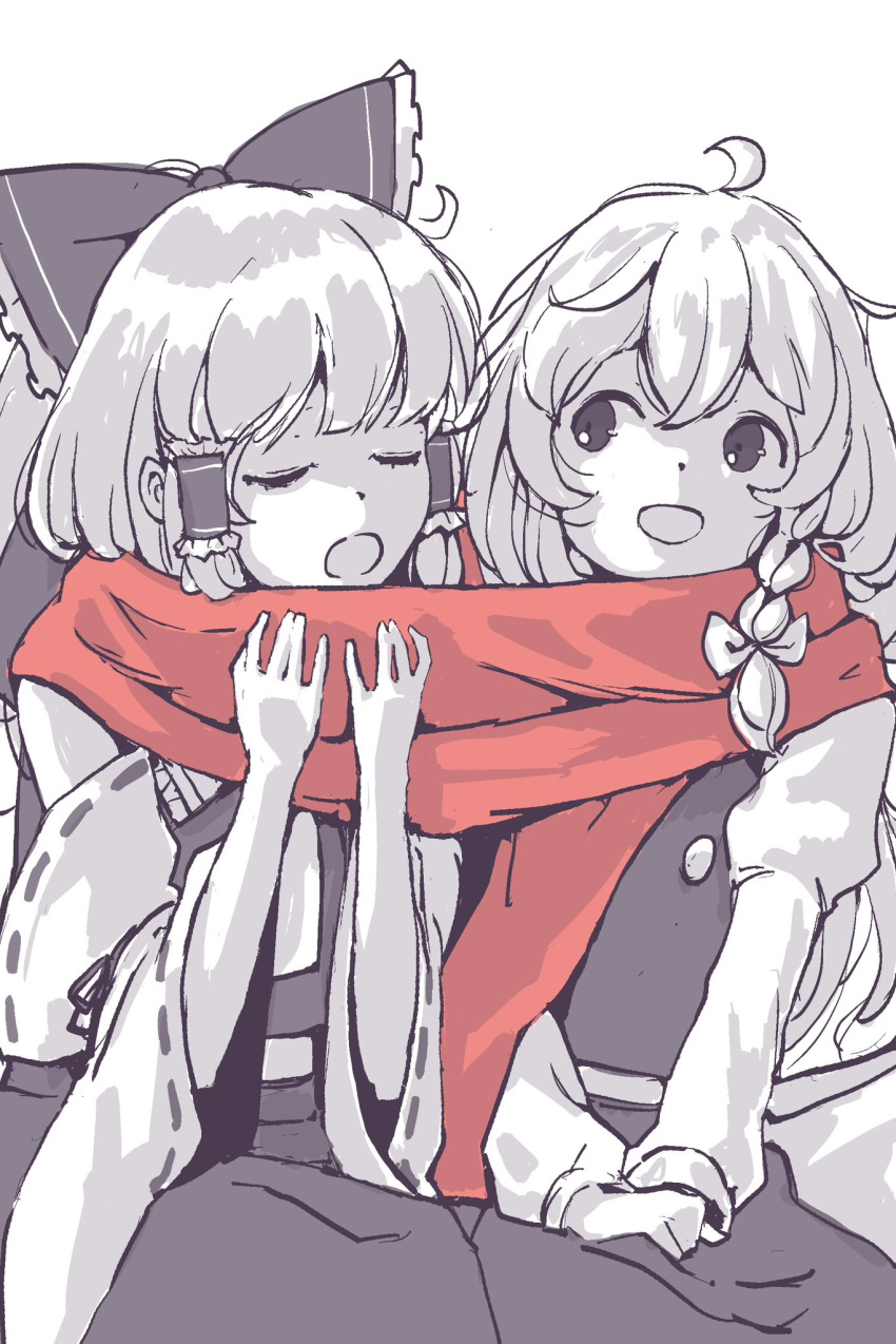 2girls ahoge bow braid closed_eyes detached_sleeves frilled_bow frilled_hair_tubes frills greyscale hair_bow hair_tubes hakurei_reimu hands_on_lap hands_up highres kirisame_marisa long_hair long_sleeves monochrome multiple_girls open_mouth own_hands_together red_scarf ribbon-trimmed_sleeves ribbon_trim satyuas scarf shared_clothes shared_scarf side_braid single_braid sitting spot_color touhou upper_body white_background wide_sleeves