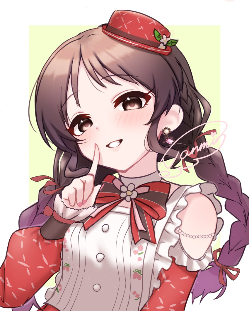 1girl blush bow bowtie braid brown_eyes brown_hair buttons clothing_cutout commentary_request dress earrings flat_chest frilled_dress frills grin hair_ribbon hand_up hat heart heart_earrings highres idolmaster idolmaster_cinderella_girls idolmaster_cinderella_girls_starlight_stage index_finger_raised jewelry long_hair long_sleeves looking_at_viewer mini_hat official_alternate_costume official_alternate_hairstyle perfectarisu print_dress red_bow red_bowtie red_dress red_headwear red_ribbon ribbon shoulder_cutout sidelocks signature smile solo striped_bow striped_bowtie striped_clothes tachibana_arisu teeth twin_braids upper_body white_background