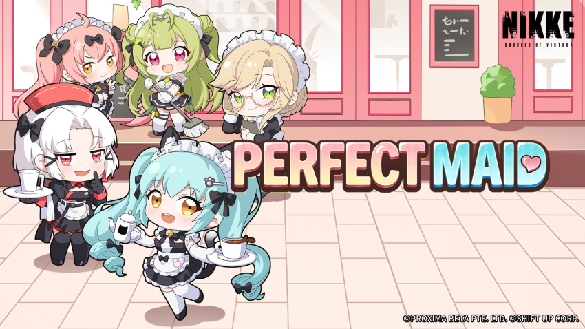ade_(nikke) ahoge animal_ears animal_print antenna_hair apron aqua_hair bell black_bow black_dress black_footwear black_ribbon black_thighhighs blonde_hair bow brown_eyes cat_ears cat_print cat_tail chibi closed_mouth cocoa_(nikke) commentary copyright_name cup dot_nose drake_(nikke) dress english_commentary english_text frilled_apron frills full_body glasses gloves goddess_of_victory:_nikke green_eyes green_hair green_necktie grey_hair hair_ornament hair_ribbon hairclip highres holding holding_plate juliet_sleeves light_blush long_hair long_sleeves looking_at_viewer maid_headdress neck_bell neck_ribbon necktie official_art open_mouth parted_bangs pink_eyes pink_hair plant plate potted_plant privaty_(nikke) privaty_(unkind_maid)_(nikke) puffy_sleeves red_eyes red_headwear ribbon round_teeth semi-rimless_eyewear soda_(nikke) spilling standing standing_on_one_leg swept_bangs tail teeth thigh-highs twintails upper_teeth_only v-shaped_eyebrows very_long_hair waist_apron white_apron white_gloves white_thighhighs