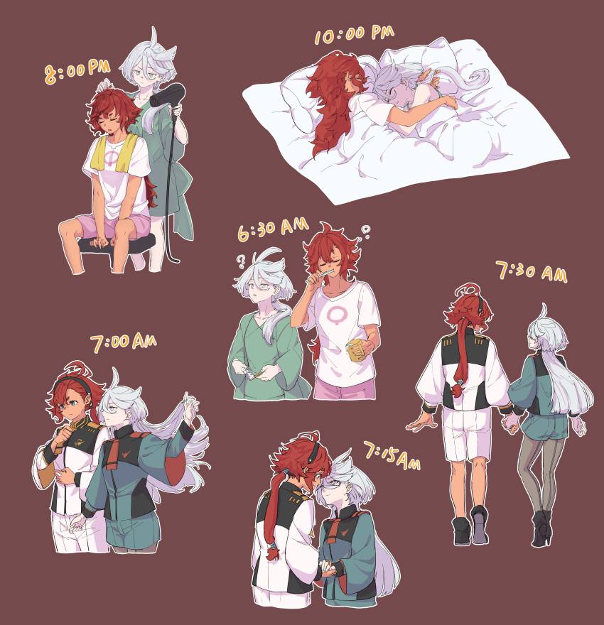 2girls ? absurdres adjusting_clothes adjusting_necktie ahoge asticassia_school_uniform black_hairband brown_background brushing_teeth closed_eyes closed_mouth commentary cropped_legs cup drying drying_hair eye_contact green_eyes green_jacket green_shirt green_shorts grey_eyes gundam gundam_suisei_no_majo hair_dryer hairband hand_on_another's_back highres holding holding_cup holding_hair_dryer holding_hands holding_toothbrush jacket joker_(jjjokerrr233) long_hair long_sleeves looking_at_another miorine_rembran morning multiple_girls necktie pajamas parted_lips pillow pink_shorts ponytail red_necktie redhead school_uniform shirt shorts simple_background sitting sleeping sleepy smile spilling suletta_mercury thick_eyebrows toothbrush toothpaste towel towel_around_neck under_covers waking_up white_hair white_jacket white_shirt white_shorts yellow_necktie yellow_towel yuri