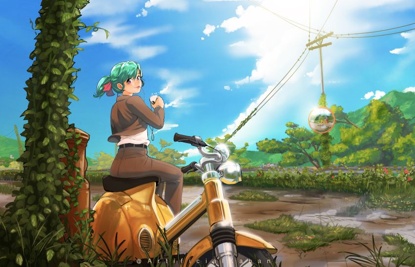 1girl artificialkaban artist_name blue_sky brown_coat brown_jacket brown_pants camera clouds cloudy_sky coat commentary_request day full_body green_hair hatsuseno_alpha highres holding holding_camera jacket landscape looking_at_viewer looking_back motor_vehicle mouth_hold on_vehicle overgrown pants post-apocalypse power_lines scooter shirt short_hair short_ponytail sky solo utility_pole vespa violet_eyes white_shirt yokohama_kaidashi_kikou