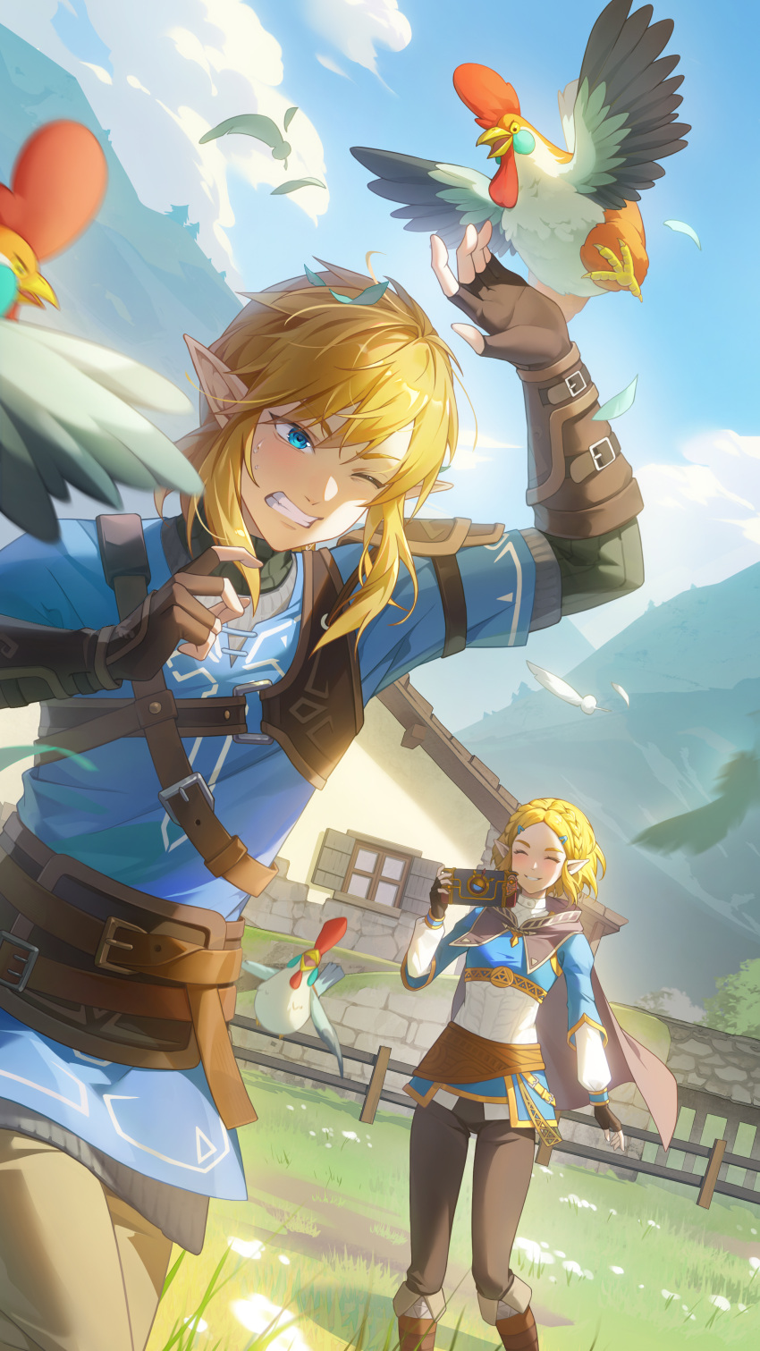 1boy 1girl absurdres bird blonde_hair blue_eyes blue_sky blue_tunic braid brown_capelet brown_gloves building capelet champion's_tunic_(zelda) chicken clenched_teeth clouds crown_braid falling_feathers fence fingerless_gloves gloves hair_ornament hairclip highres hood hood_down hooded_capelet link mountainous_horizon one_eye_closed outdoors parted_bangs parted_lips pointy_ears princess_zelda purah_pad shibaziliangliang short_hair sidelocks sky smile teeth the_legend_of_zelda the_legend_of_zelda:_tears_of_the_kingdom wooden_fence