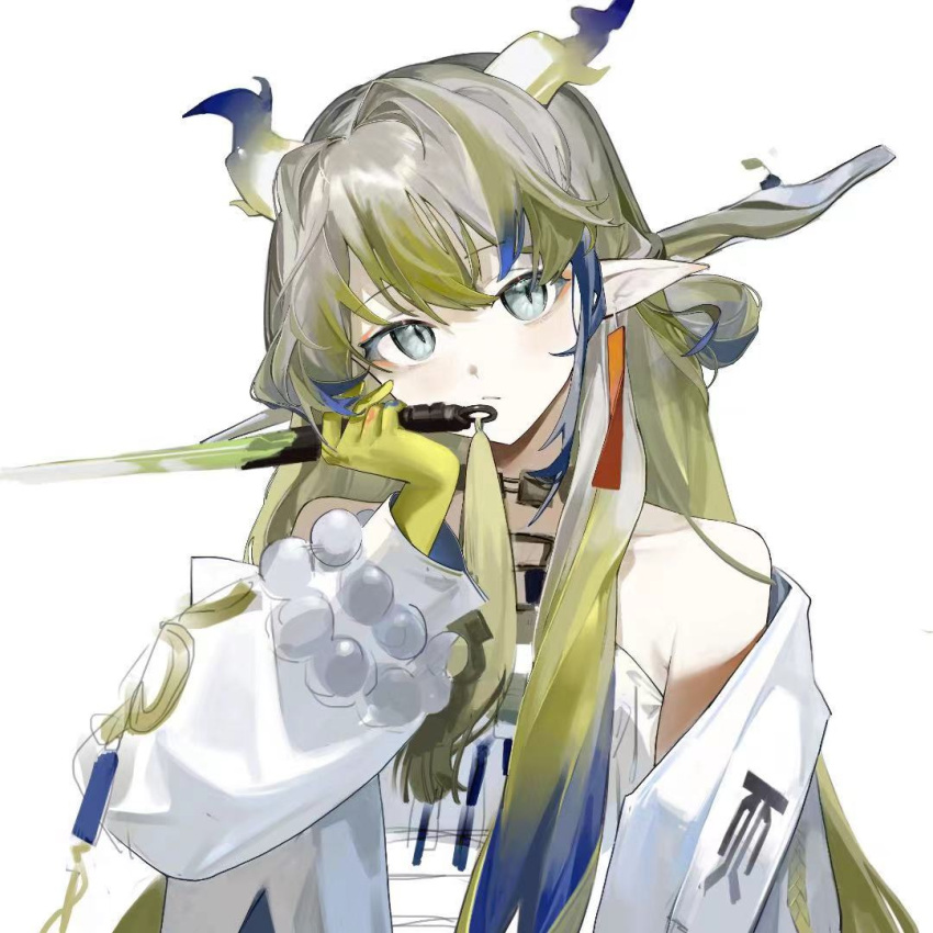 1girl arknights bare_shoulders bead_bracelet beads blue_hair bracelet choker closed_mouth collarbone colored_skin colored_tips dragon_girl dragon_horns earrings green_hair grey_eyes grey_hair hand_on_own_cheek hand_on_own_face head_tilt holding holding_sword holding_weapon horns jacket jewelry long_hair looking_at_viewer multicolored_hair off_shoulder open_clothes open_jacket pointy_ears shirt shu_(arknights) simple_background slit_pupils solo strapless strapless_shirt sword tassel tassel_earrings underwear upper_body weapon white_background white_jacket white_shirt yu56167871