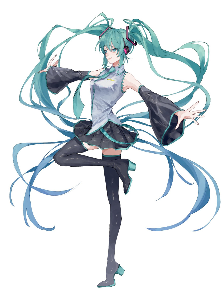 1girl aqua_eyes aqua_hair aqua_necktie black_shirt black_sleeves boots commentary detached_sleeves grey_shirt hair_ornament hatsune_miku high_heels highres looking_to_the_side necktie shirt simple_background sleeveless sleeveless_shirt smile solo standing standing_on_one_leg thigh_boots tsu_yu_ne twintails vocaloid white_background