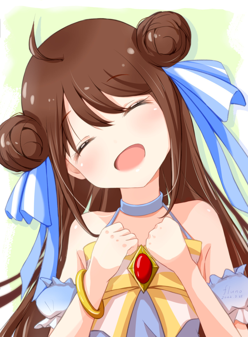 1girl absurdres ahoge blush brown_hair double_bun drawn_heart dress falanya_elk_arbalest fluno gem hair_bun hair_ribbon hands_on_own_chest highres jewelry long_hair open_hands open_mouth princess ribbon smile solo tensai_ouji_no_akaji_kokka_saiseijutsu yellow_eyes